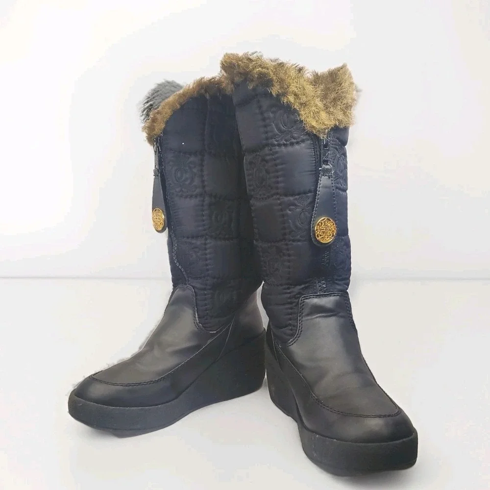 Juicy Couture Snowflurry Women's Boots Size‎ 7 Black Nylon Chocolate Faux Fur